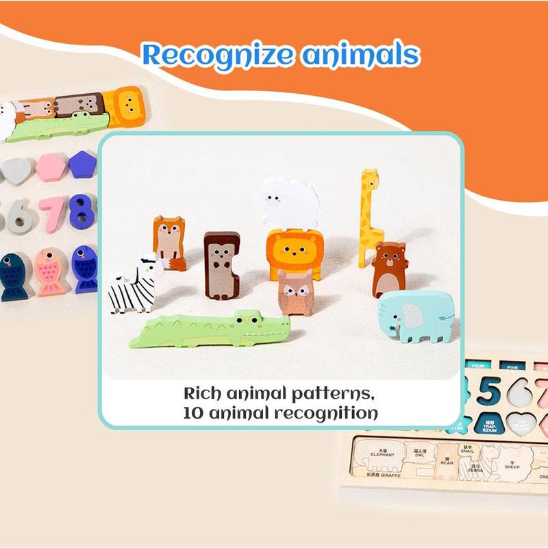 4 in 1 Wooden Puzzle Board, Shape & Number Matching Puzzle Game, Animal Puzzle Board, Educational Toy for Gift