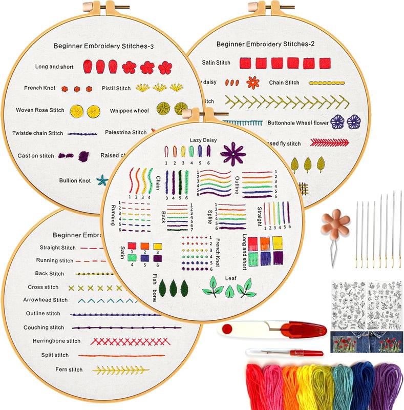 ARTIFICAY 4 Set Embroidery Kit for Beginners Needlepoint Cross Stitch Kits for Adults,Stamped Floral Embroidery Patterns,Hoop,Threads,Satin stitch floral pattern