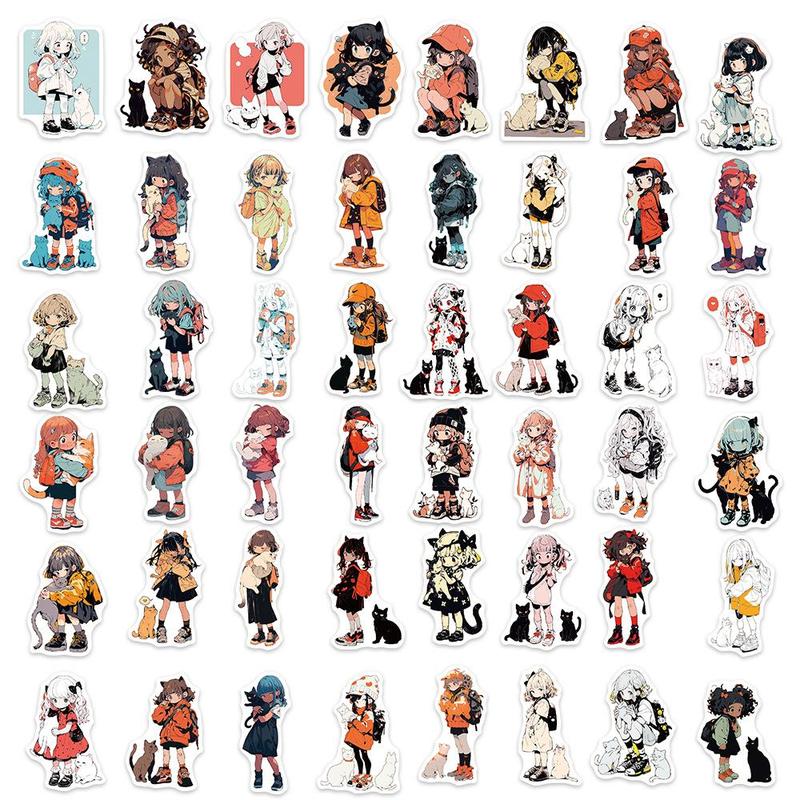 50pcs Cartoon Girl & Cat Series Graffiti Sticker, Self-adhesive Decorative Stickers, Diy Decals For Water Bottle, Laptop, Phone Case, Scrapbooking, Journal Making