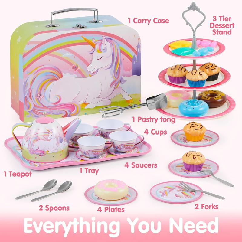 35Pcs Unicorn Tea Party Set for Little Girls, Pretend Tin Teapot Set, Princess Tea Time Play Kitchen Toy with Dessert, Doughnut, Carrying Case for Birthday Easter Gifts Kids Toddlers Age 3 4 5 6