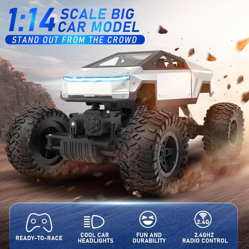 RC Truck, 1:14 Scale Big Cybertruck Model 4WD with Alloy Shell Dual Motors LED Headlight Remote Control Truck Off Road RC Car, 2.4GHz All Terrain Rock Crawler for Boy Kids Adults remote  control