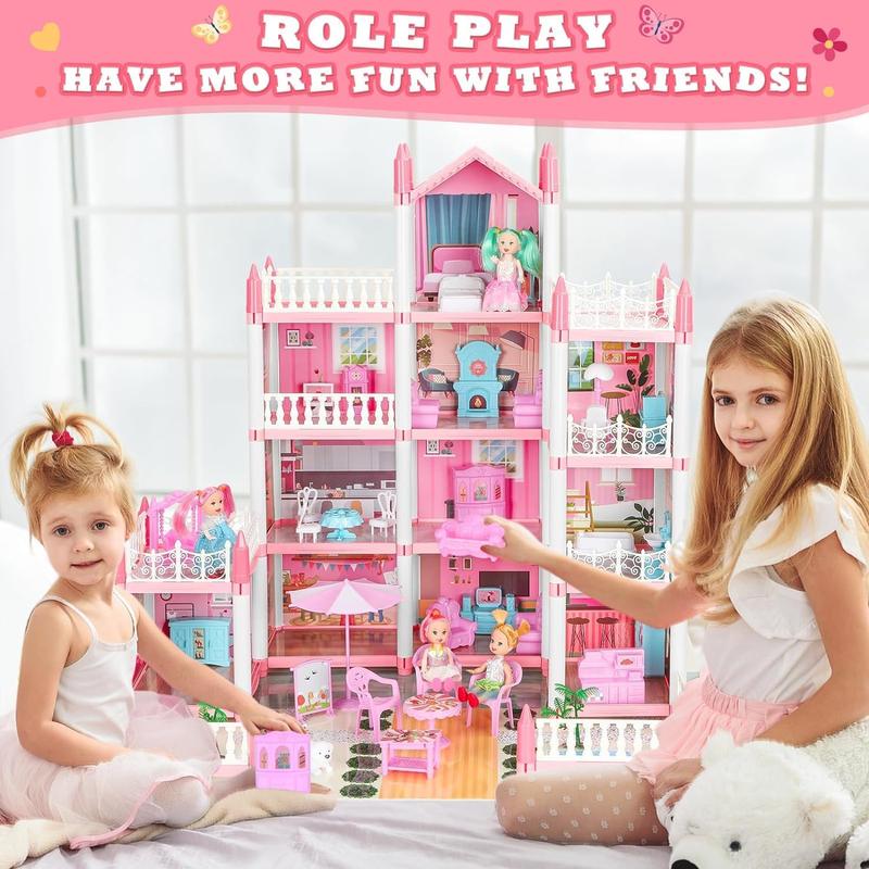 Doll House, Dream Dollhouse for Girls Pretend-Play DIY Dollhouse Kit - 4-Story 11 Rooms Playhouse with 4 Dolls Toy Figures, Furniture and Accessories Set Gift Toy for Kids Ages 3 4 5 6 7 8+