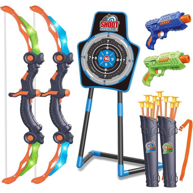 2 Bow and Arrow Sets with LED Light-up,2 Foam Dart Guns for Kids 5 6 7 8 9 10+ Years Old, Archery Set with Standing Target for Boys & Girl, Ideal Gift