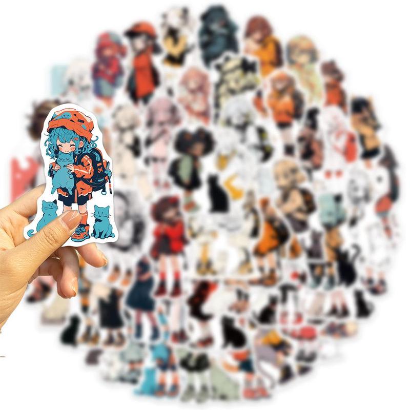 50pcs Cartoon Girl & Cat Series Graffiti Sticker, Self-adhesive Decorative Stickers, Diy Decals For Water Bottle, Laptop, Phone Case, Scrapbooking, Journal Making