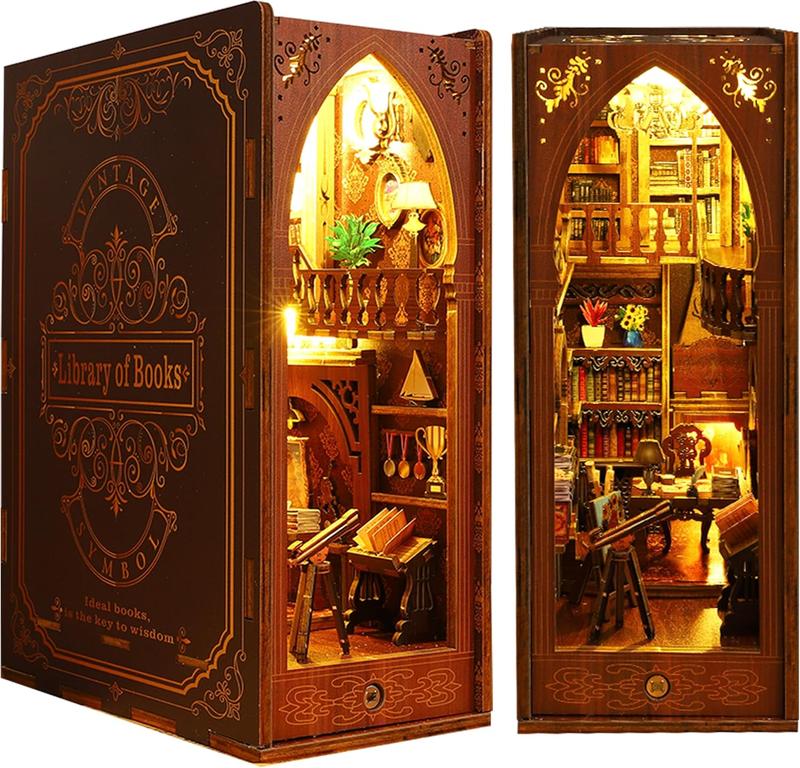 DIY Book Nook Kit, 3D Wooden Puzzle DIY Miniature House Kit for Book Nook Shelf Insert Decoration, Magic Book House Stand Bookshelf Dollhouse for Adults with Sensor Light (Library of Books)