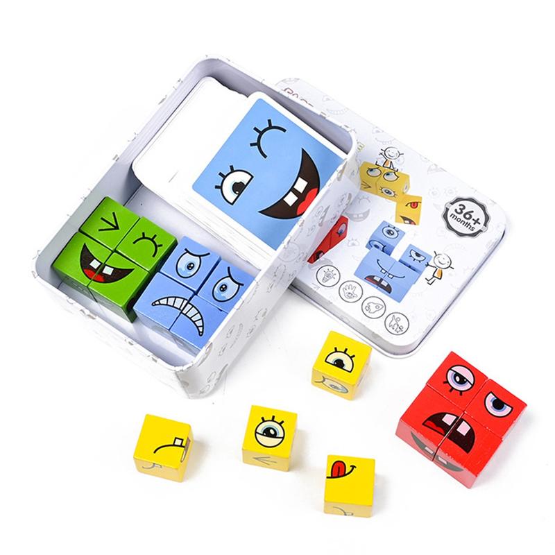 Wooden Face Changing Magic Cube Game, Expression Puzzle Building Blocks Pattern Matching Game, Educational Puzzles Toy Board Games face  puzzle