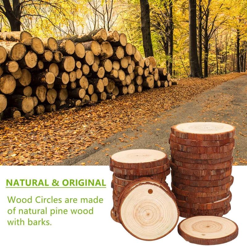 Natural Wood Slices Kit for DIY Crafts - 50 Pcs, 2.4-2.8 Inches, Predrilled with Hole, Wooden Circles for Wedding Decorations, Christmas Ornaments