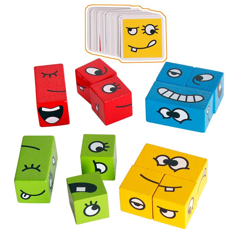 Wooden Face Changing Magic Cube Game, Expression Puzzle Building Blocks Pattern Matching Game, Educational Puzzles Toy Board Games face  puzzle