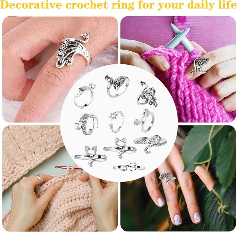 Crochet Rings 10 count Finger Tension Markers Crocheting Yarn Holder Tools Knitting Supplies Silver Hooks Handmade DIY Crafts Sewing Adjustable Guide Loop  Hook Grip Thimbles