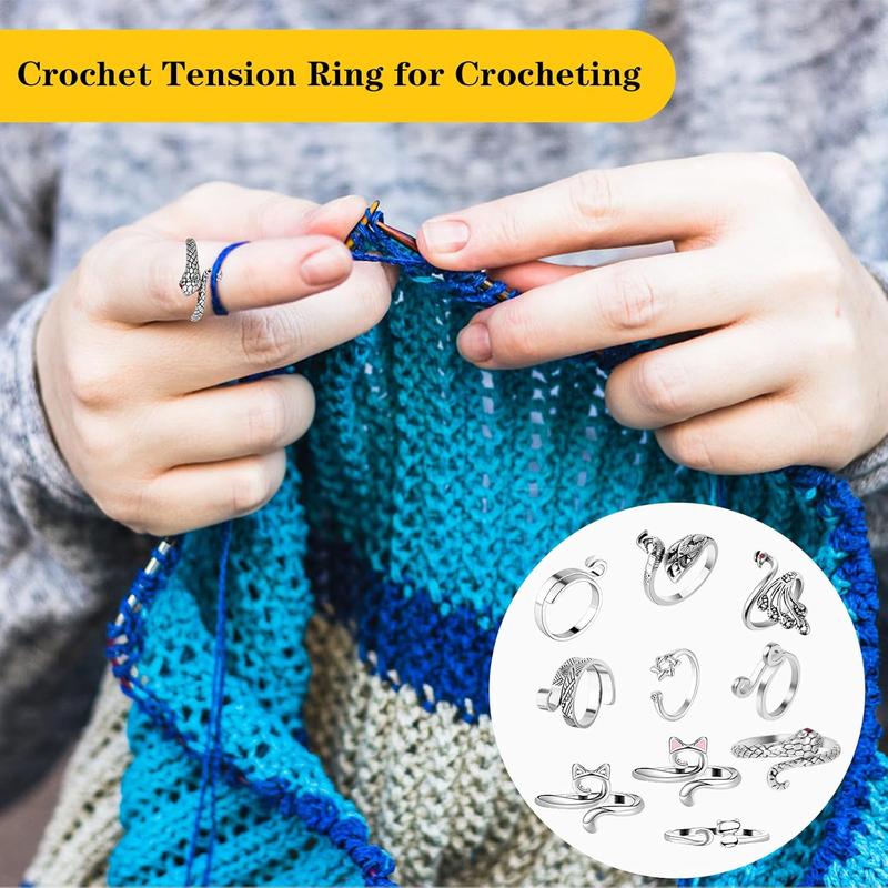 Crochet Rings 10 count Finger Tension Markers Crocheting Yarn Holder Tools Knitting Supplies Silver Hooks Handmade DIY Crafts Sewing Adjustable Guide Loop  Hook Grip Thimbles