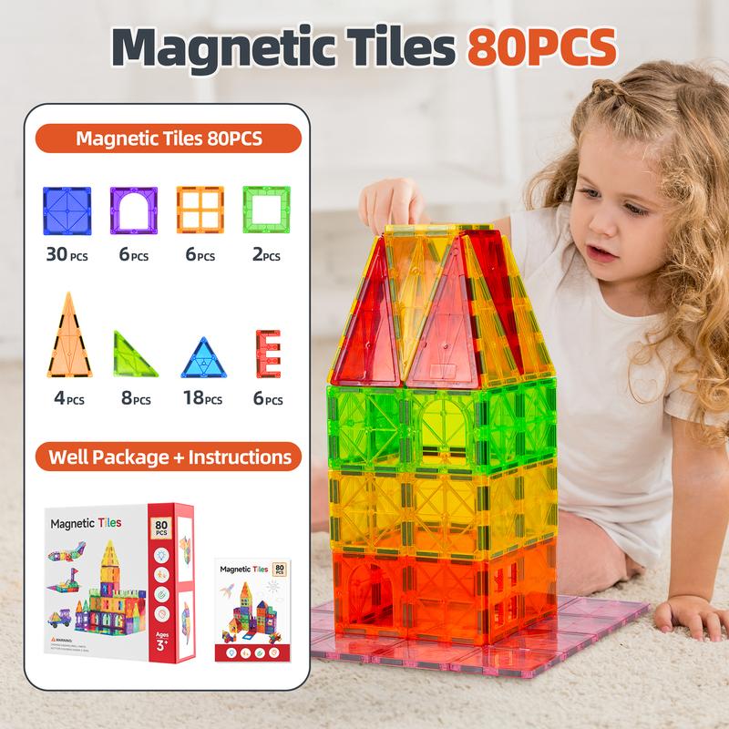 Magnetic Tiles - 80PCS Magnet Tiles Clear Magnetic 3D Building Blocks,  Magnetic Construction Set for Toddler 3 4 5 6 7+ Years, Classroom Supplies for STEM Learning, Birthday Gifts & Toys for  Boys Girls