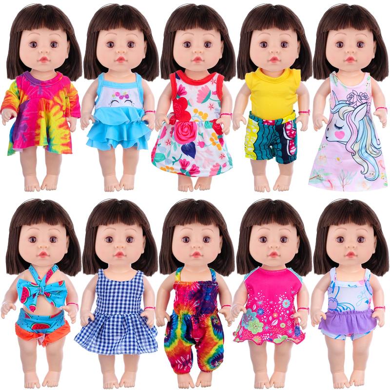 10 sets of baby doll clothes and accessories for a 12 inch baby girl doll, the set includes dresses, t-shirts, pants, jumpsuits, swimwear(No Doll)