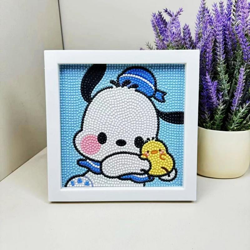 Cartoon Sanrio Pochacco Pattern DIY Diamond Art Painting Kit with Frame, 5D Diamond Art Painting Kit, DIY Wall Art Decor for Home Living Room Bedroom