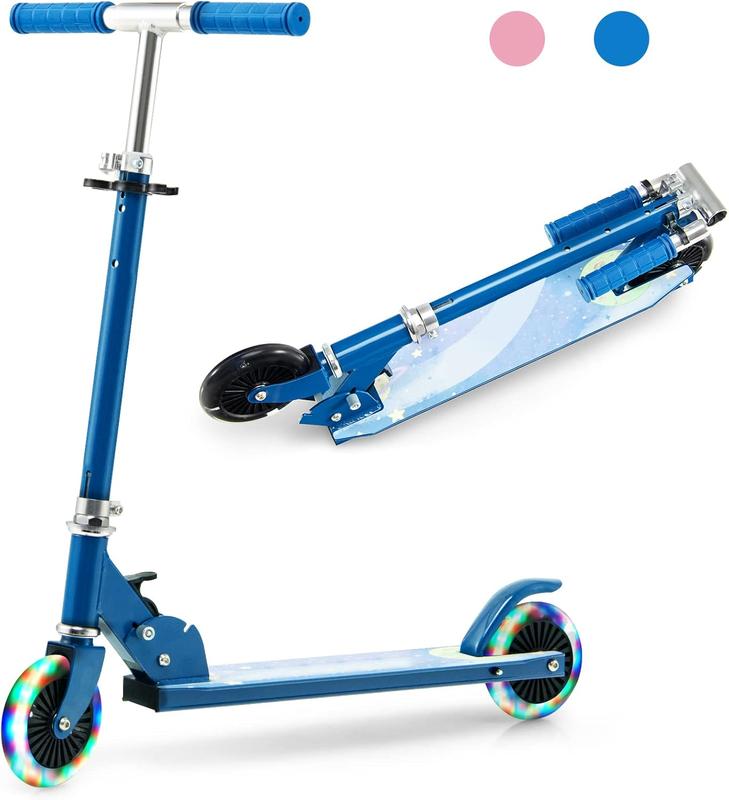 Costway-Folding Kick Scooter for Kids, 2 Light Up Flashing Wheels Scooter W  3 Adjustable Heights, Rear Brake System, Portable Aluminum Alloy Lightweight Scooter for Girls and Boys, Ages 3+