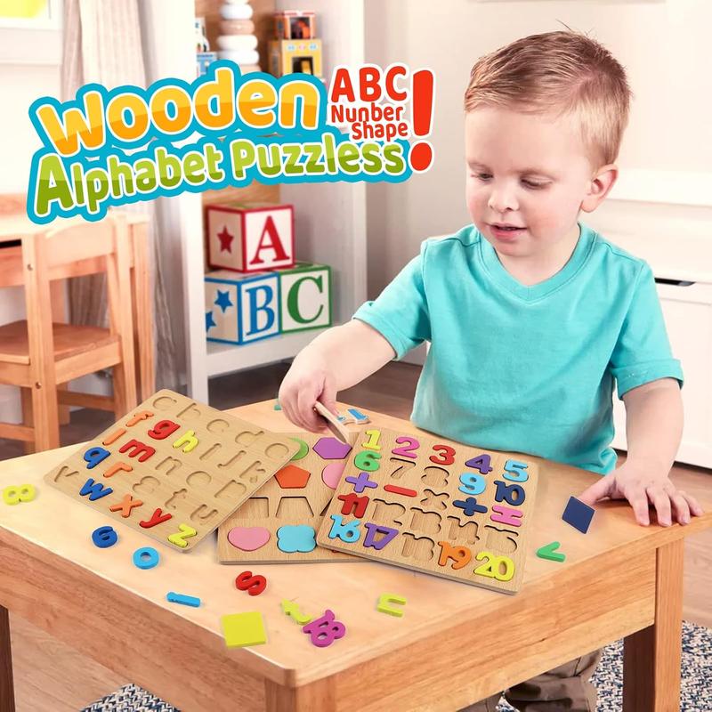 Wooden Puzzles for Toddlers Ages 1-3,3 Pack Wooden Alphabet Number Shape Puzzles Toddler Learning Puzzle Toys for Kids Boys & Girls,Early Education Letter Puzzle for Toddlers 2-4 Years Old