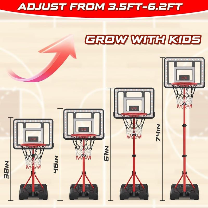 Basketball Hoop for Kids with Stand, Adjustable Height Basketball Hoop with Electronic Scoreboard and LED Light, Indoor Outdoor Backyard Sport Game Gifts Toys for 3 4 5 6 7 8