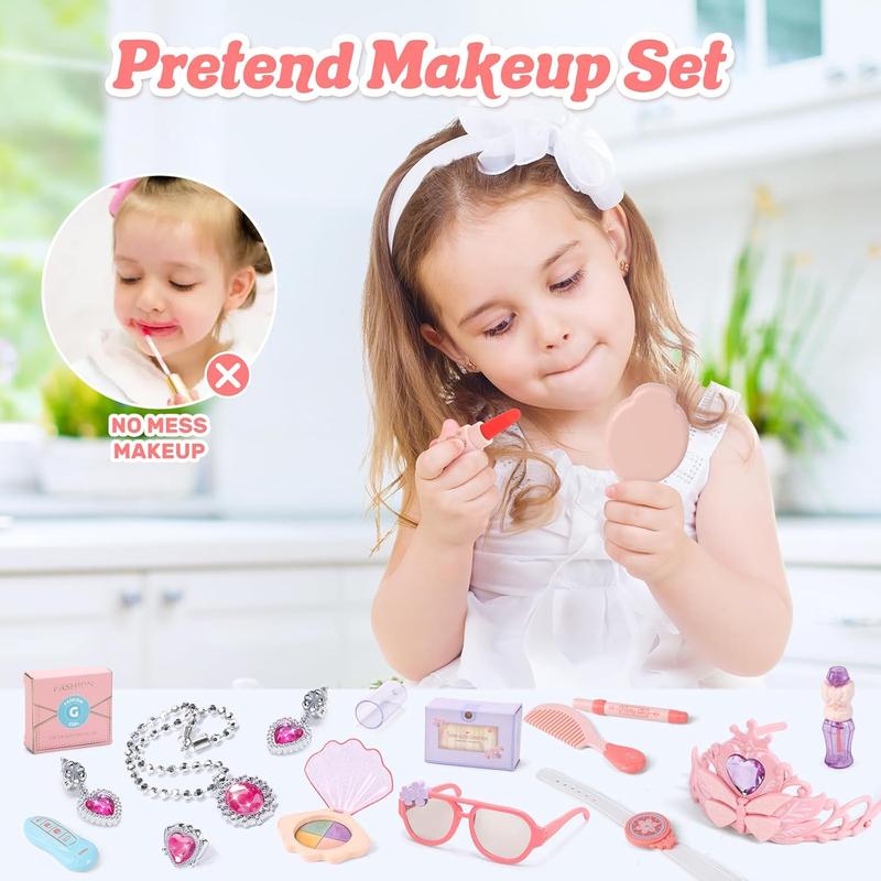 Little Girls Play Purse, Toddler Purse with Handbag, Heels, Pretend Makeup Kit, Toy Phone, Light-Up Magic Wand, My First Purse Set with Princess Jewelry, Pretend Play Gift Toys for Kids