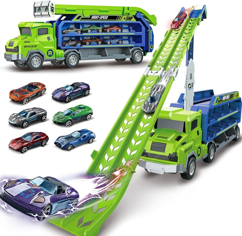 Toddler Car Truck Toys, Christmas Gift for Kids, Foldable Car Track Sets with 2.8-Ft Race Track and 6 Die-Cast Race Cars, Truck Toys Gifts for Kids