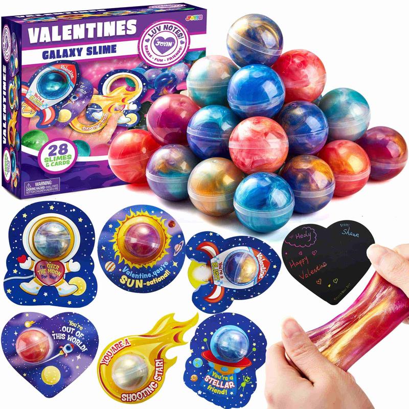 28Pcs Cosmic Realm Valentine Slime with Scratch-Off Cards and Galaxy Balls for Kids Classroom Exchange Gift