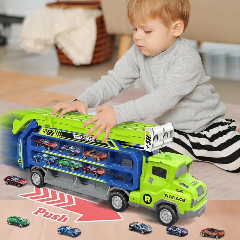 Toddler Car Truck Toys, Christmas Gift for Kids, Foldable Car Track Sets with 2.8-Ft Race Track and 6 Die-Cast Race Cars, Truck Toys Gifts for Kids