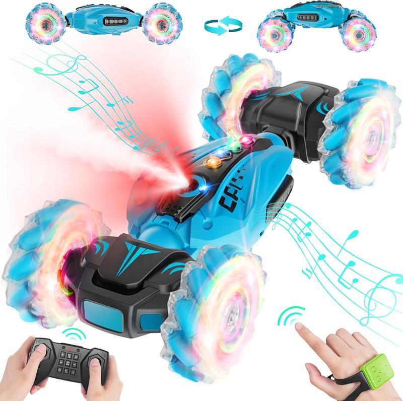 Gesture Sensing RC Stunt Car, Double-Sided Driving 360° Rotating Car Toy, Large 4WD Remote Control Car for Boys Girls Birthday Gift, All Terrain RC Cars with Spray (Blue)