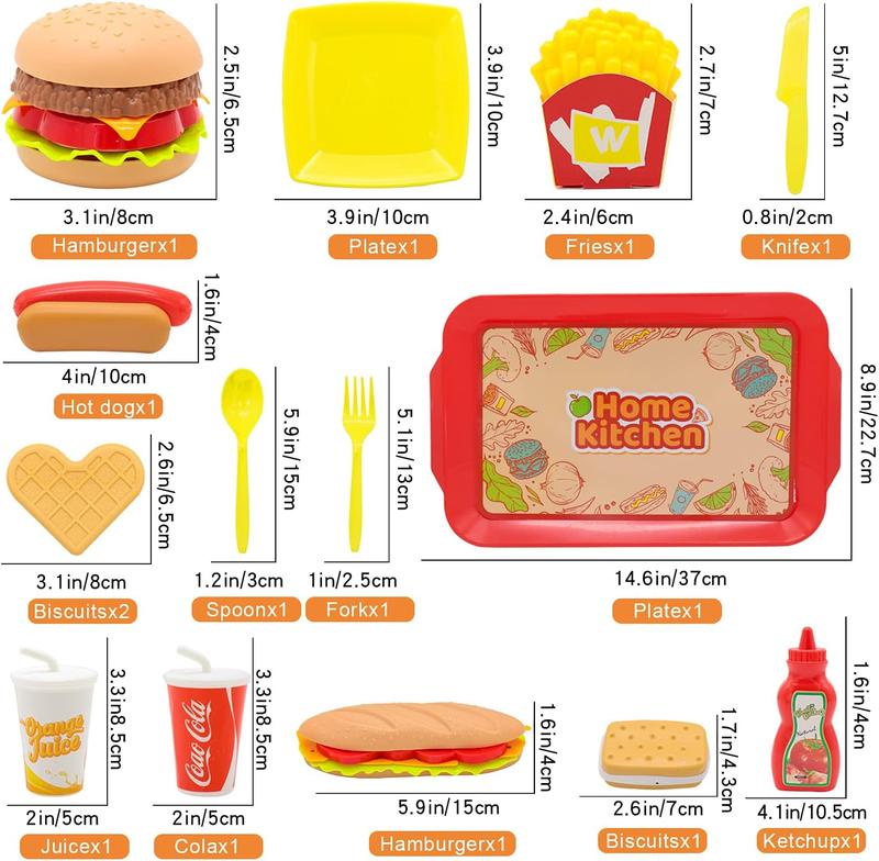 Chrismas Pretend Play Food Set for Children,Removable Fast Food Playset with Tray Hamburger Hotdog Fries Combo,Play Kitchen Accessories Role Play Toys,Educational Gift for Kids Boys Girls (15 PCS)