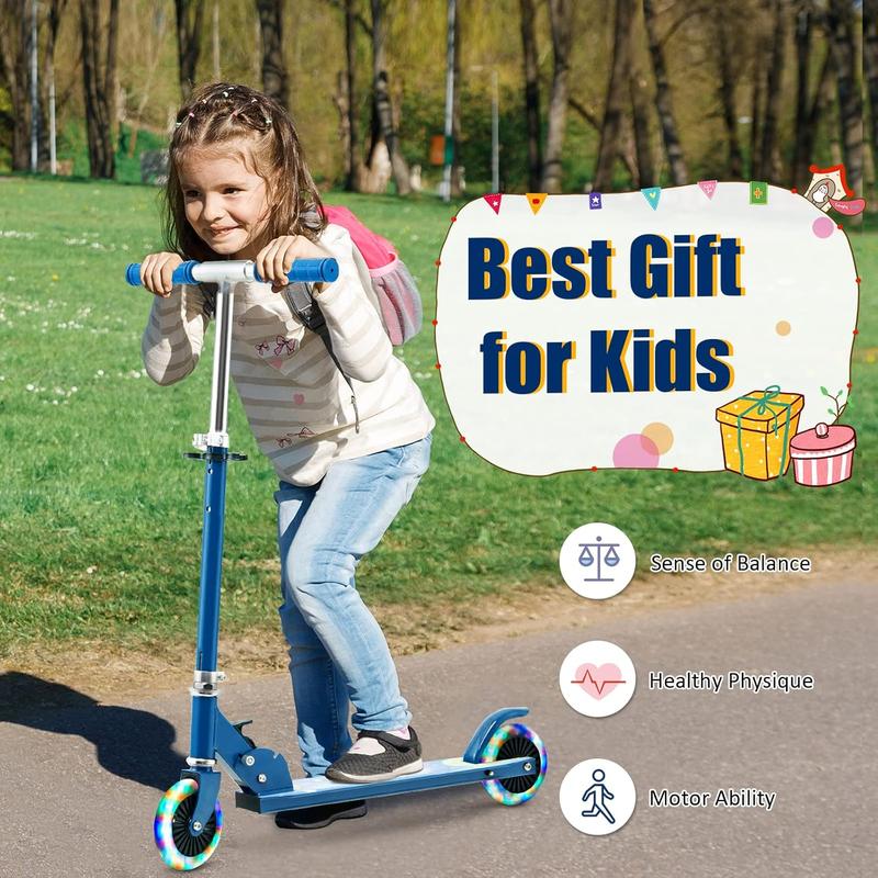 Costway-Folding Kick Scooter for Kids, 2 Light Up Flashing Wheels Scooter W  3 Adjustable Heights, Rear Brake System, Portable Aluminum Alloy Lightweight Scooter for Girls and Boys, Ages 3+