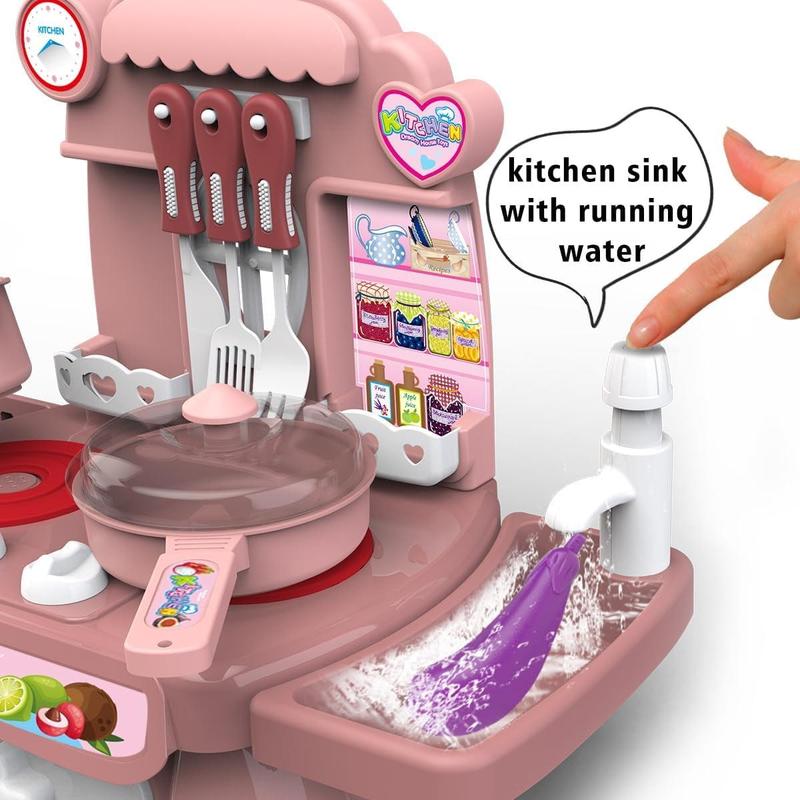 Play Kitchen Toys for Kids with Sound and Light, Play Food Dinnerware Set for Children, Kitchen Sink with Running Water Toys for Girls Boys Birthday Christmas Gifts