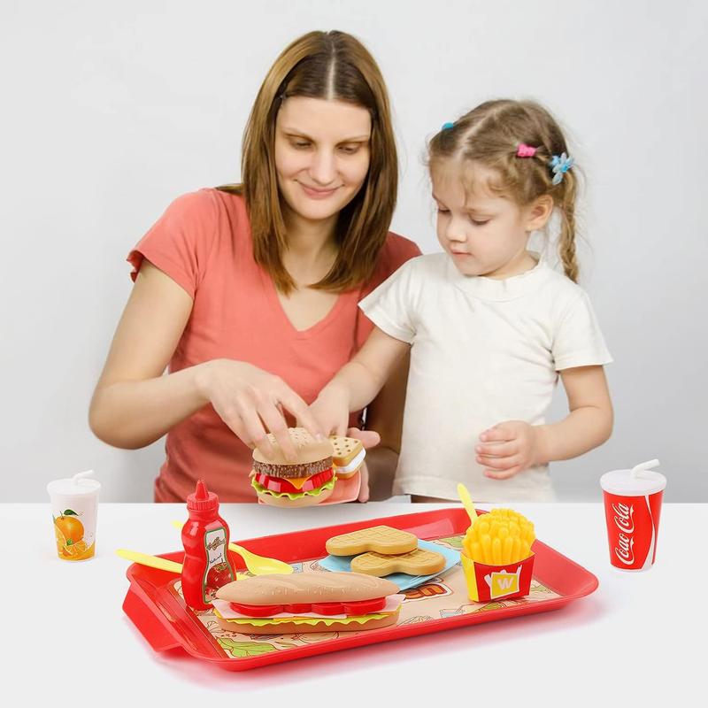 Chrismas Pretend Play Food Set for Children,Removable Fast Food Playset with Tray Hamburger Hotdog Fries Combo,Play Kitchen Accessories Role Play Toys,Educational Gift for Kids Boys Girls (15 PCS)