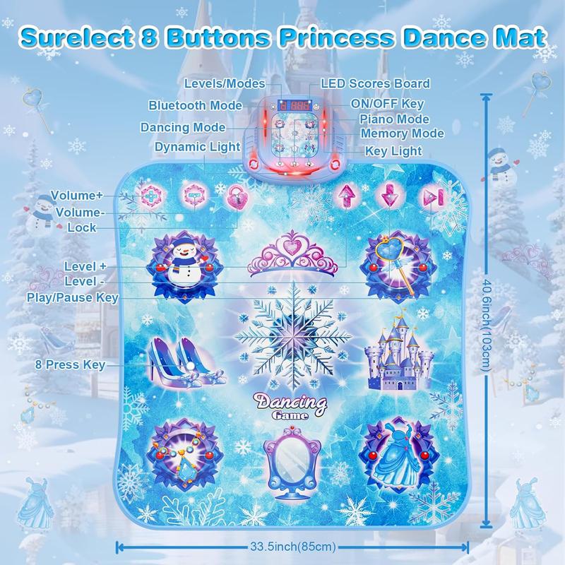 Dance Mat, 2024 8-Button Frozen Dance Pad with Wireless Bluetooth, Upgraded Flowing Light Control System with Stands, Princess Toys Birthday Christmas for 3-12 Year Old Girls