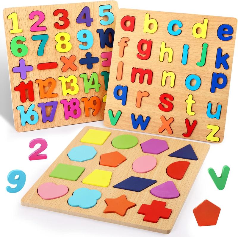 Wooden Puzzles for Toddlers Ages 1-3,3 Pack Wooden Alphabet Number Shape Puzzles Toddler Learning Puzzle Toys for Kids Boys & Girls,Early Education Letter Puzzle for Toddlers 2-4 Years Old