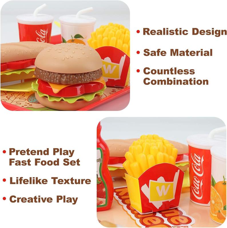 Chrismas Pretend Play Food Set for Children,Removable Fast Food Playset with Tray Hamburger Hotdog Fries Combo,Play Kitchen Accessories Role Play Toys,Educational Gift for Kids Boys Girls (15 PCS)