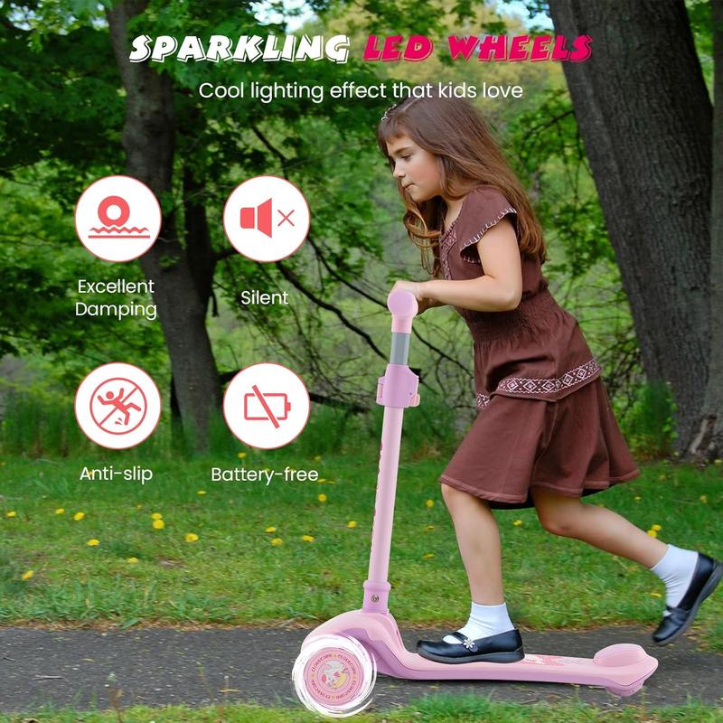 Costway-Folding Kick Scooter for Kids, 2 Light Up Flashing Wheels Scooter W  3 Adjustable Heights, Rear Brake System, Portable Aluminum Alloy Lightweight Scooter for Girls and Boys, Ages 3+