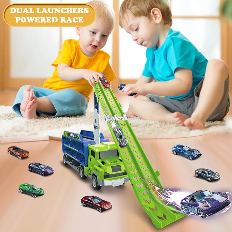 Toddler Car Truck Toys, Christmas Gift for Kids, Foldable Car Track Sets with 2.8-Ft Race Track and 6 Die-Cast Race Cars, Truck Toys Gifts for Kids