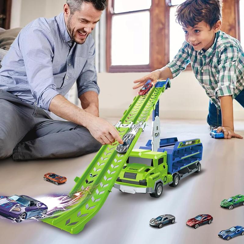 Toddler Car Truck Toys, Christmas Gift for Kids, Foldable Car Track Sets with 2.8-Ft Race Track and 6 Die-Cast Race Cars, Truck Toys Gifts for Kids