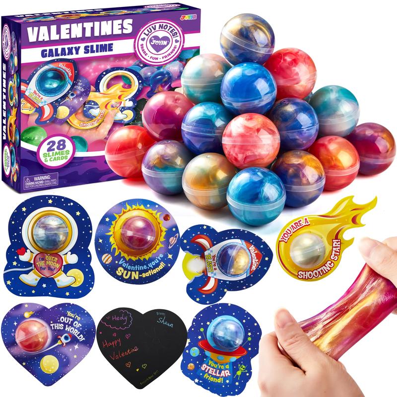 28Pcs Cosmic Realm Valentine Slime with Scratch-Off Cards and Galaxy Balls for Kids Classroom Exchange Gift