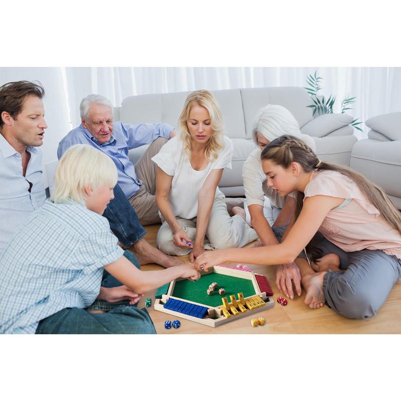 6-Player Shut The Box Game with 12+4 Dice Colorful 6 Sided Wooden Board Math Number Games for Kids Adults Families Party Club