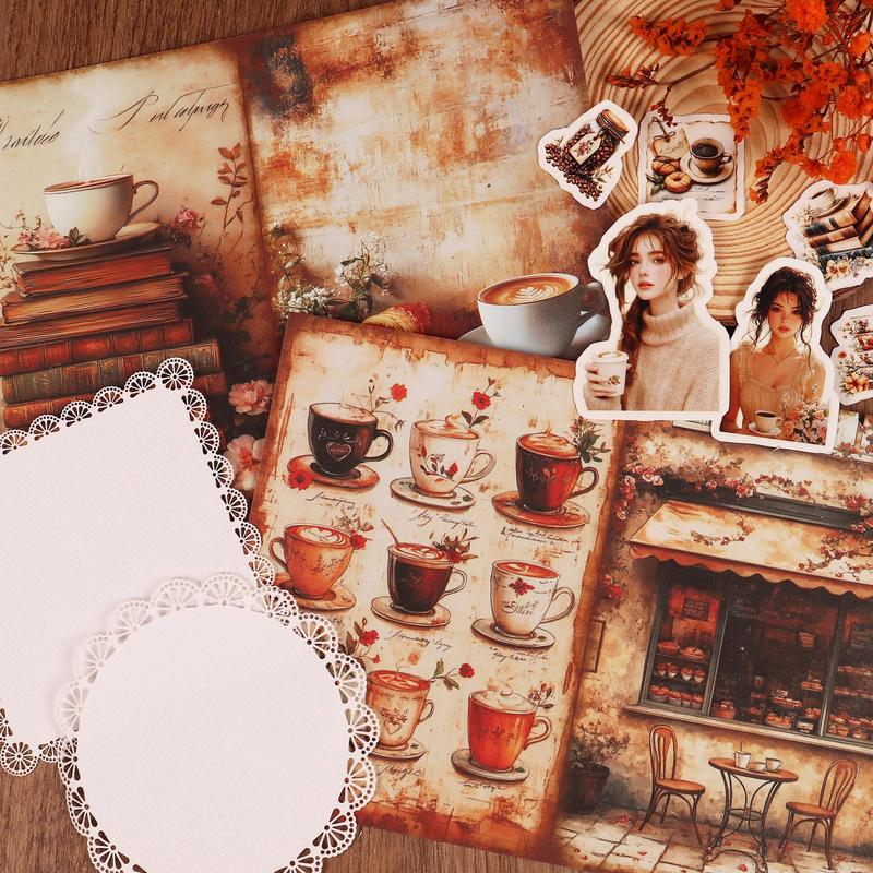 Leisure Coffee Theme DIY Junk Journals Kit, 66pcs set Including Hollow Textured Decoration Paper & Sticker, Scrapbooking Supplies, DIY Crafts