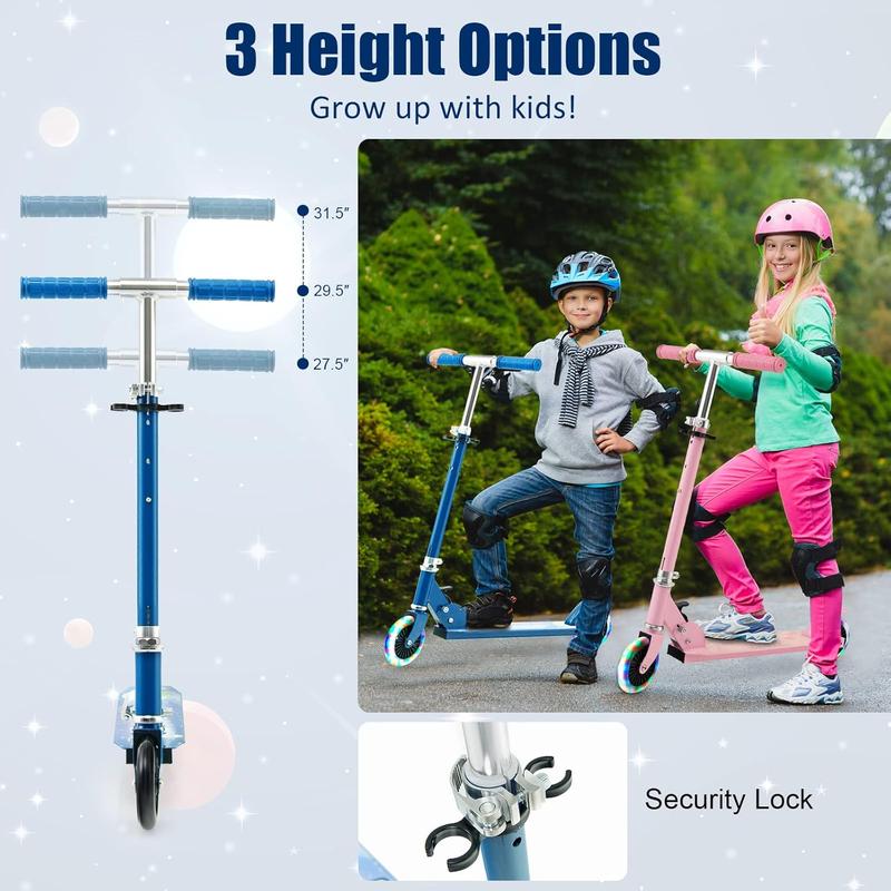 Costway-Folding Kick Scooter for Kids, 2 Light Up Flashing Wheels Scooter W  3 Adjustable Heights, Rear Brake System, Portable Aluminum Alloy Lightweight Scooter for Girls and Boys, Ages 3+