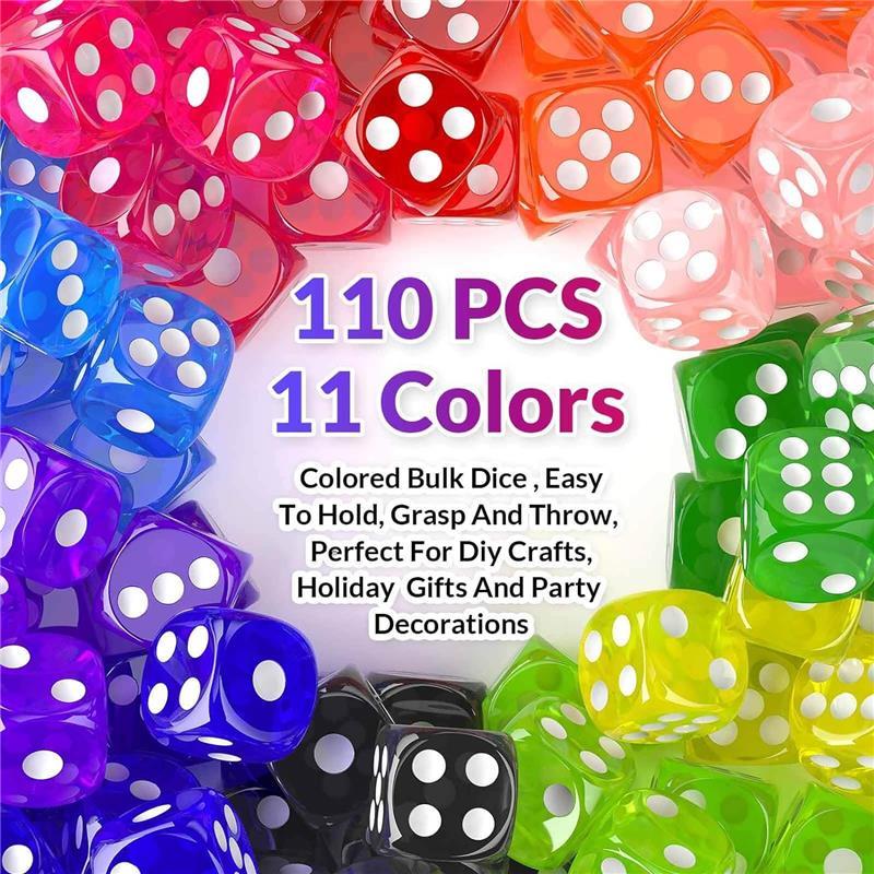 110 Pieces Dice Set, Colored Game Bulk Dices, Colorful Dices, 6 Sided Dice for Classroom Teaching, Board Game, Playing, Rolling, Small Six Sided 11 Color Red, Yellow, Blue, Green and More