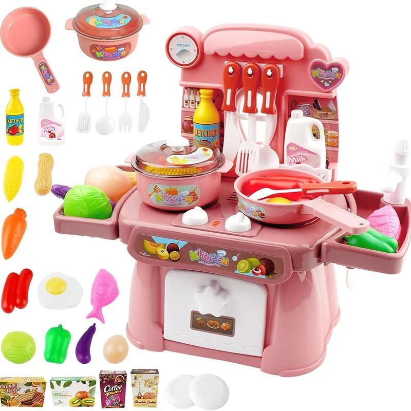 Play Kitchen Toys for Kids with Sound and Light, Play Food Dinnerware Set for Children, Kitchen Sink with Running Water Toys for Girls Boys Birthday Christmas Gifts