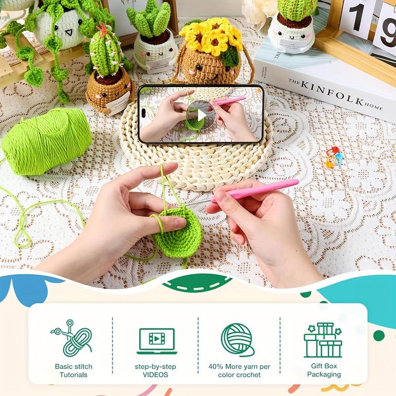 6pcs Potted Plants And Succulent Family Crochet Kits DIY Crochet Kit For Beginners With Easy-to-Follow Tutorials, All You Need In, Videos, Instructions, Soft Yarn, Birthday Gift For Adults