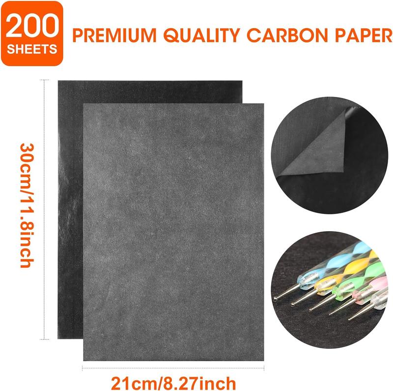 200 Sheets Carbon Paper Black Graphite Paper Transfer Tracing Paper and 5 Pieces Ball Embossing Styluses for DIY Woodworking