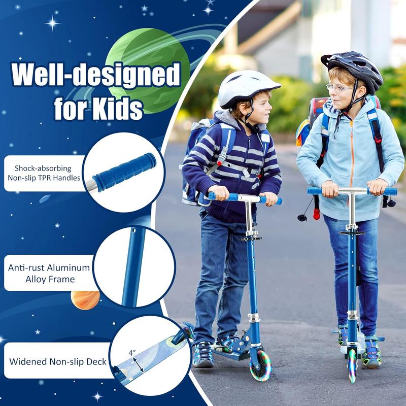 Costway-Folding Kick Scooter for Kids, 2 Light Up Flashing Wheels Scooter W  3 Adjustable Heights, Rear Brake System, Portable Aluminum Alloy Lightweight Scooter for Girls and Boys, Ages 3+