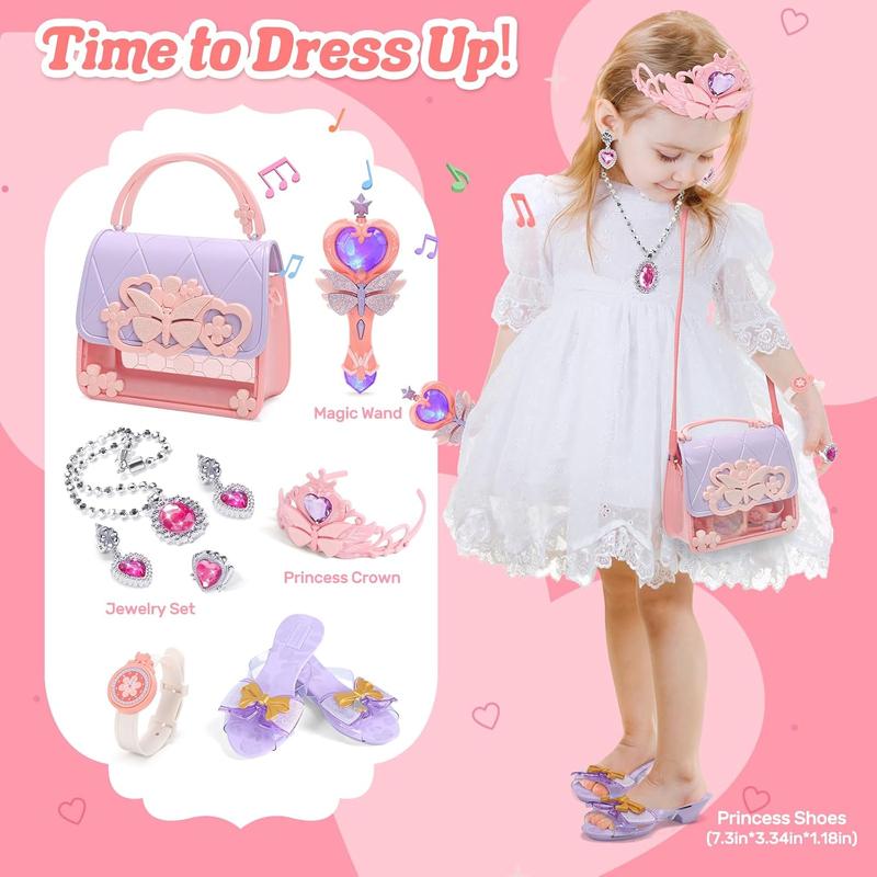 Little Girls Play Purse, Toddler Purse with Handbag, Heels, Pretend Makeup Kit, Toy Phone, Light-Up Magic Wand, My First Purse Set with Princess Jewelry, Pretend Play Gift Toys for Kids