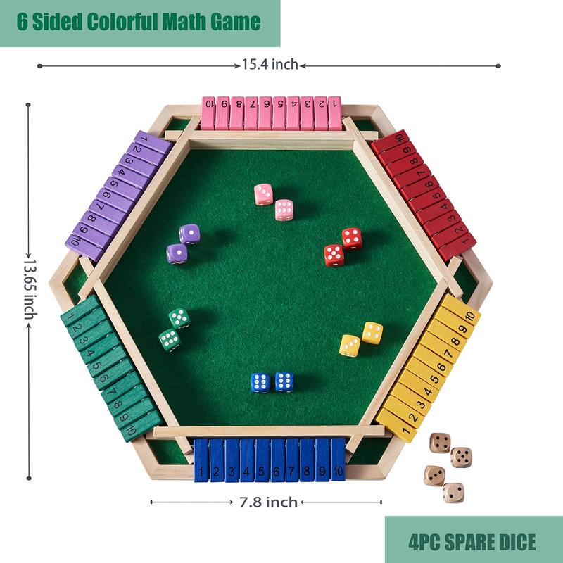 6-Player Shut The Box Game with 12+4 Dice Colorful 6 Sided Wooden Board Math Number Games for Kids Adults Families Party Club