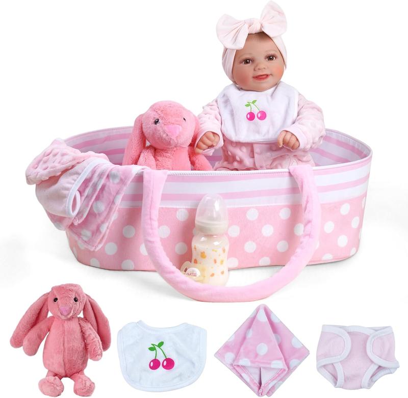 BABESIDE Lifelike Reborn Baby Dolls Girl with Bassinet, 17-Inch Sweet Smile Realistic-Newborn Baby Soft Body Poseable Real Life Baby Dolls with Toy Accessories Gift Set for Kids Age 3+ & Collection