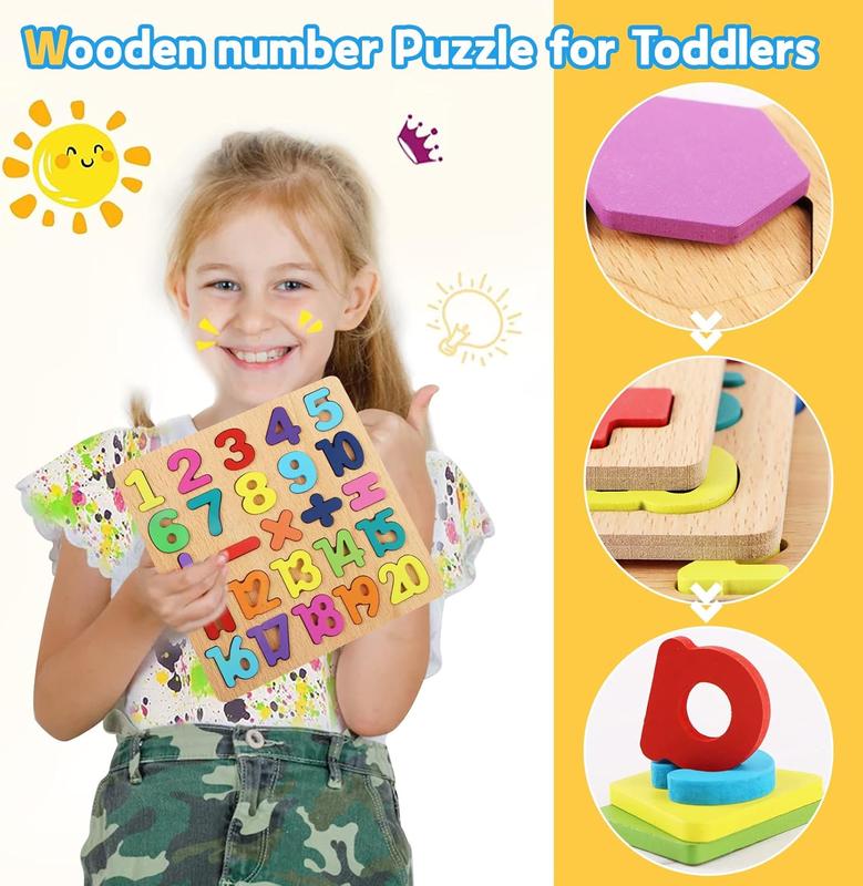 Wooden Puzzles for Toddlers Ages 1-3,3 Pack Wooden Alphabet Number Shape Puzzles Toddler Learning Puzzle Toys for Kids Boys & Girls,Early Education Letter Puzzle for Toddlers 2-4 Years Old