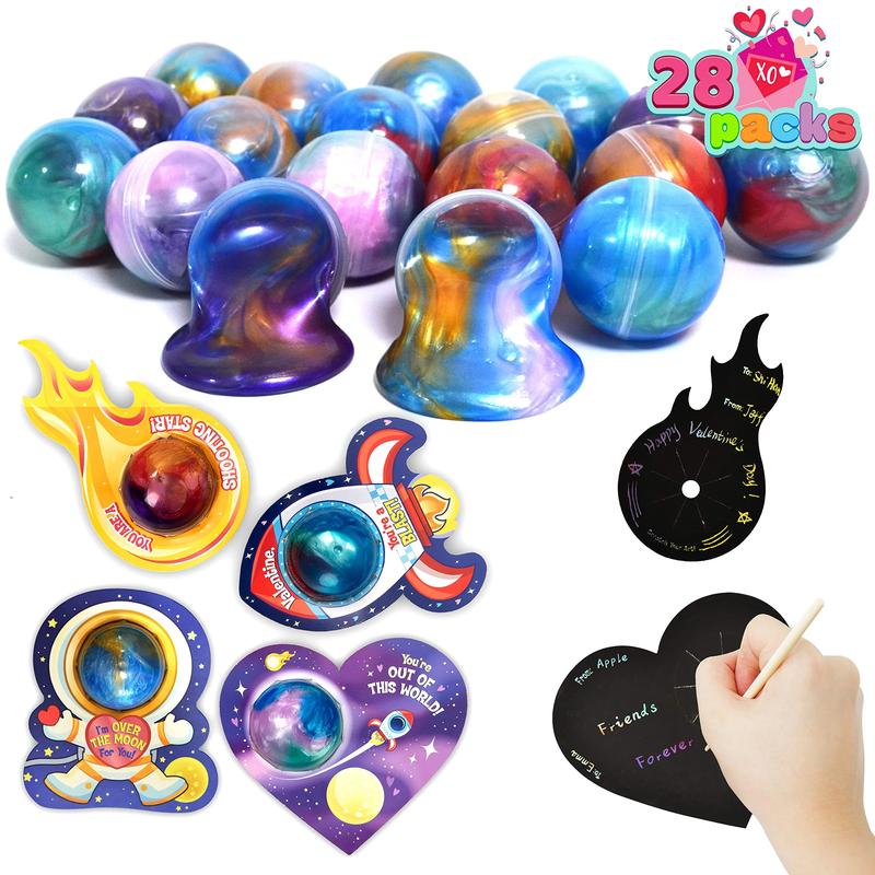 28Pcs Cosmic Realm Valentine Slime with Scratch-Off Cards and Galaxy Balls for Kids Classroom Exchange Gift