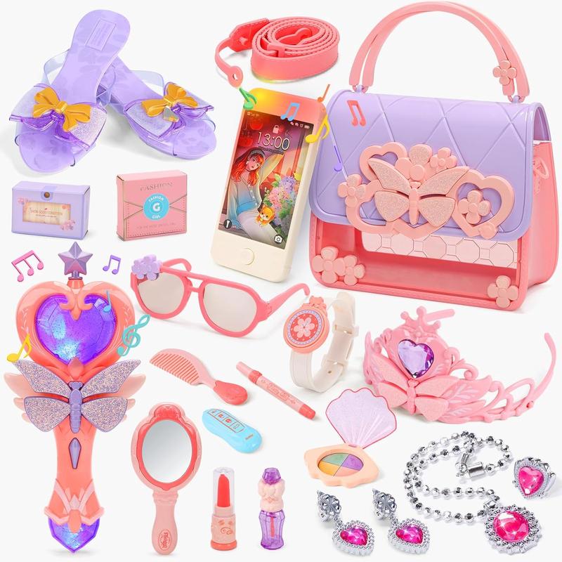 Little Girls Play Purse, Toddler Purse with Handbag, Heels, Pretend Makeup Kit, Toy Phone, Light-Up Magic Wand, My First Purse Set with Princess Jewelry, Pretend Play Gift Toys for Kids